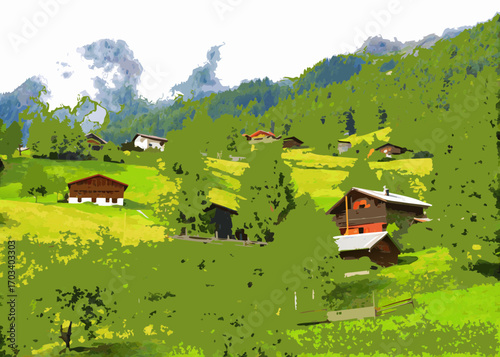 Charming alpine village nestled amongst lush green mountains