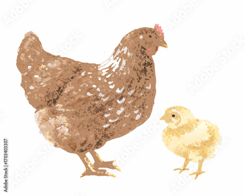 Watercolor illustration of a brown hen and a yellow chick