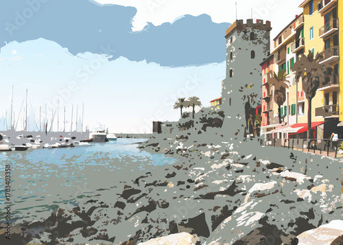 Coastal italian town with harbor and historic tower