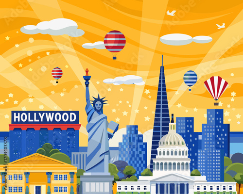 Iconic landmarks and hot air balloons in a stylized cityscape