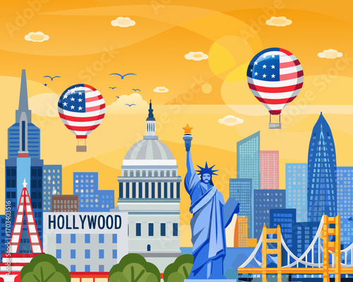American landmarks and hot air balloons in a stylized cityscape
