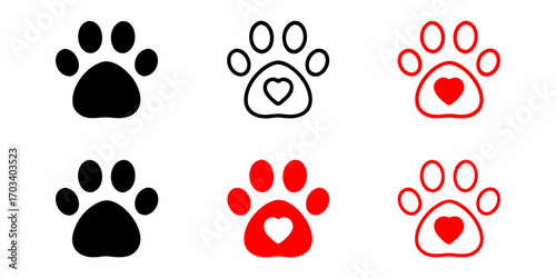 Collection of paw print icons with hearts in black and red
