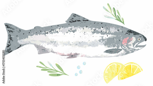 Watercolor illustration of a fresh salmon with lemon slices and herbs