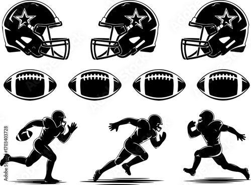 American Football Helmet, Ball, and Player Silhouettes