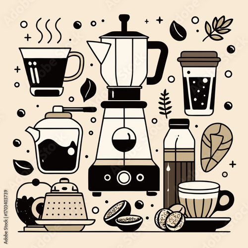 Assorted coffee brewing equipment and beverages illustration in flat style