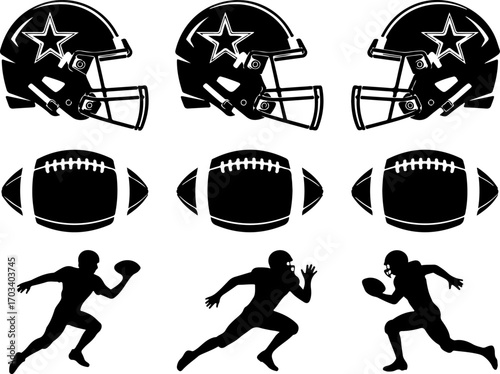 American Football Helmet, Ball, and Player Silhouettes