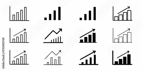 Collection of bar chart icons showing upward growth and progress
