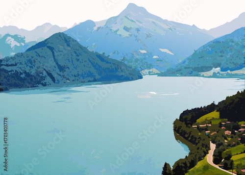 Serene lake surrounded by majestic mountains and lush green hills