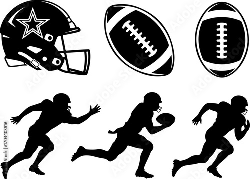 American Football Helmet, Ball, and Player Silhouettes