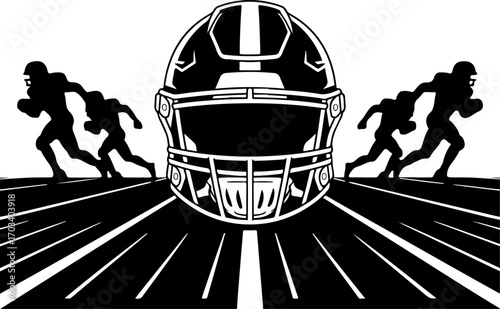 American Football Helmet, Ball, and Player Silhouettes