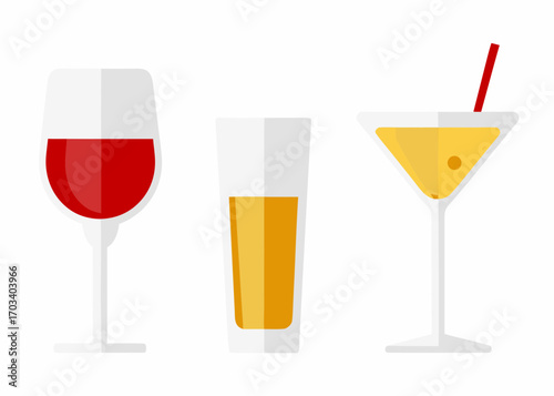 Three different alcoholic drinks in glasses on a white background