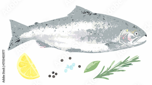 Watercolor illustration of a whole salmon with lemon herbs and peppercorns