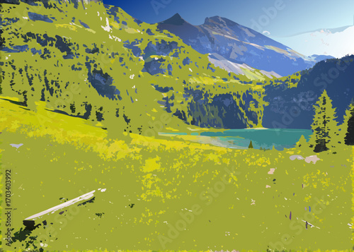 Vibrant mountain landscape with turquoise lake and green meadow