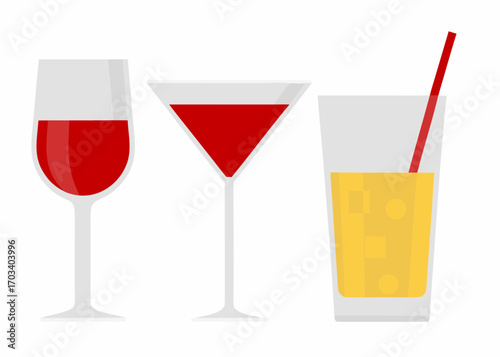 Three different drinks in glasses with a white background