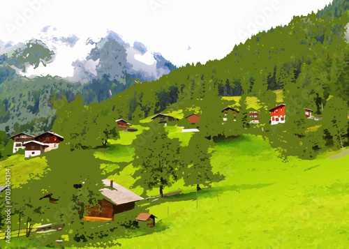 Picturesque swiss alps village with traditional chalets on a lush green hillside