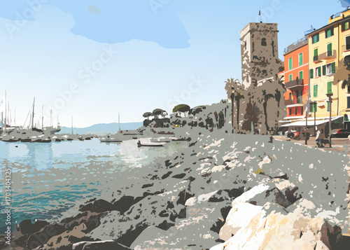 Coastal italian town with harbor and historic tower
