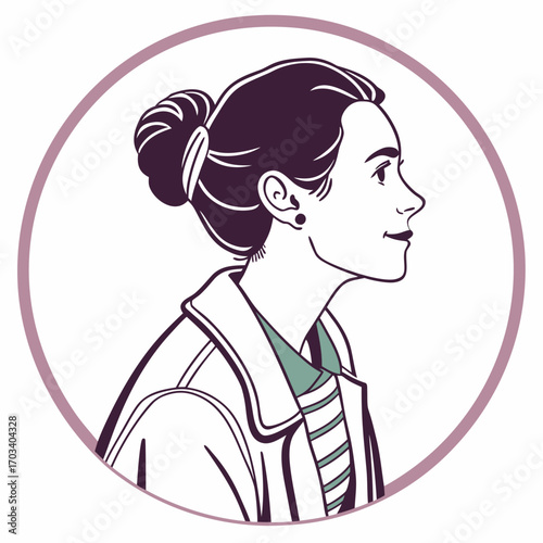 Illustration of a woman with a bun hairstyle, wearing a jacket and striped shirt, in a circular frame depicts a modern, stylish, and confident individual