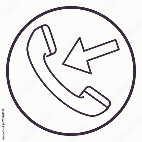 Vector art of incoming call line icon handset with arrow pointing inward, representing receiving a phone call simple vector illustration for communication concepts