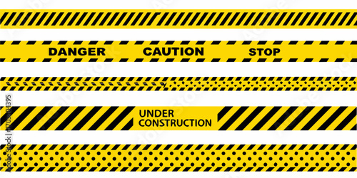 Collection of yellow and black caution tape designs for safety and construction