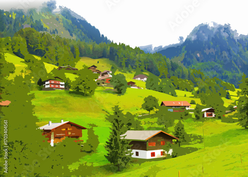 Charming alpine village nestled in lush green mountainside with traditional houses