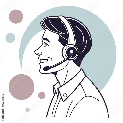 Vector art of a friendly customer service representative with a headset, showcasing professionalism and support, set against a clean, white backdrop