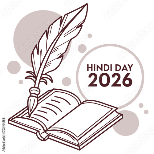 Vector art of elegant illustration of an open book with a quill pen, commemorating hindi day 2026, the soft color palette and refined linework evoke a sense of tradition and scholarly pursuit