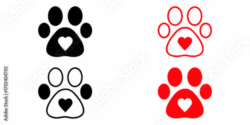 Four paw prints with hearts inside in black and red colors