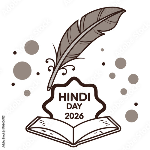 Illustration of hindi day 2026 featuring a quill pen resting on an open book, surrounded by decorative dots, a symbolic representation of literature and language