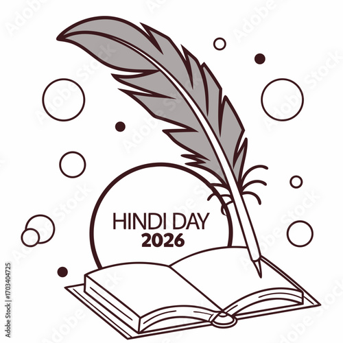 Illustration of hindi day 2026 with a quill pen resting on an open book, surrounded by decorative circles, , celebrating the hindi language