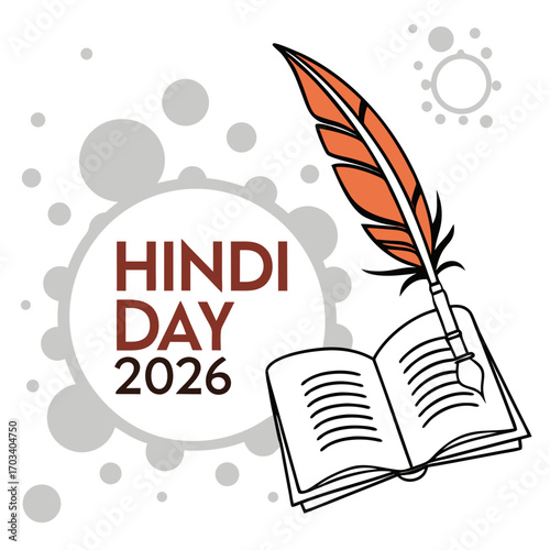Vector art of vibrant illustration celebrating hindi day 2026, showcasing an orange quill pen poised above an open book, set against a backdrop of decorative circles, a festive design
