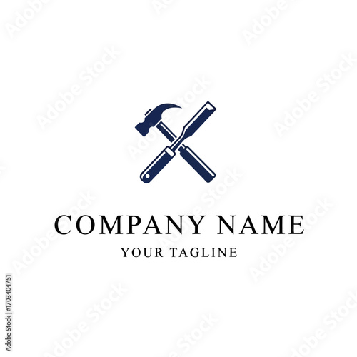 Hammer and chisel crossed logo design for construction or carpentry company.