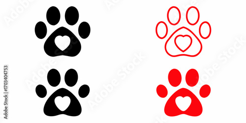 Set of four paw print icons with hearts in black and red