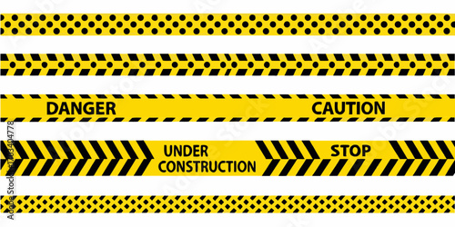 Set of yellow and black warning tapes with text and patterns