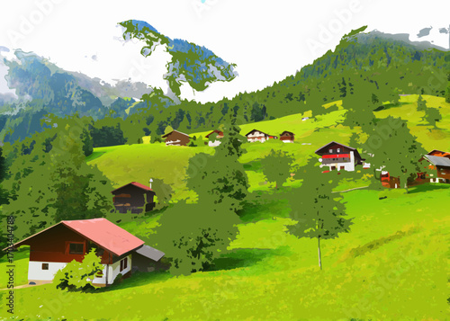 Idyllic alpine village nestled amongst lush green hills and majestic mountains