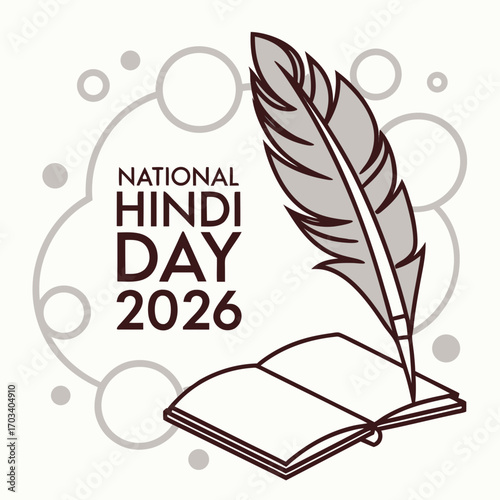 Vector art of elegant illustration for national hindi day 2026 featuring a quill pen and open book, representing the beauty and significance of hindi language and literature