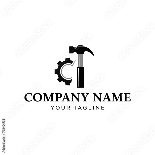 A minimalist black and white logo design featuring a hammer and a mechanical gear, ideal for an industrial or construction company.