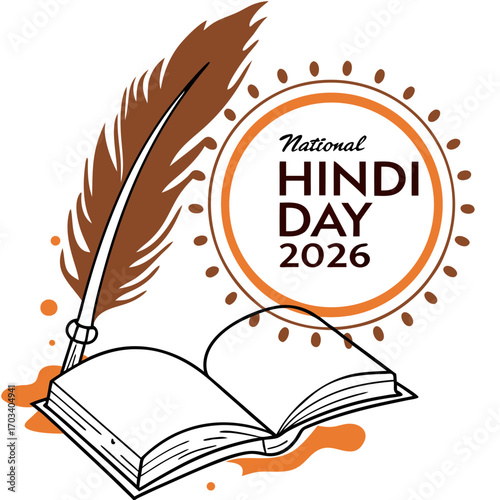 Vector art of artistic illustration for national hindi day 2026 featuring a quill pen and an open book, celebrating the beauty and richness of the hindi language and its literary heritage