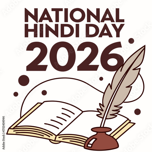 Vector art of artistic illustration for national hindi day 2026 showcasing a quill pen, inkwell, and open book, celebrating the rich heritage and literary traditions of hindi