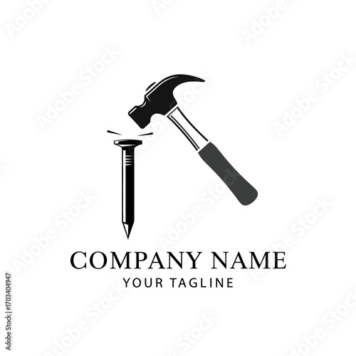 A black and white logo featuring a hammer striking a nail, with placeholder text for a company name and tagline, symbolizing construction or repair.