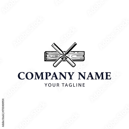 Logo featuring crossed chisels on a wood block, with company name and tagline.