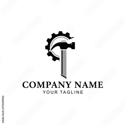 Hammer and gear logo design for a company.