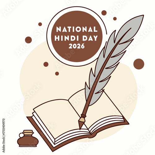 Vector art of illustration for national hindi day 2026 featuring a quill pen resting on an open book, symbolizing the importance of literature and writing in the hindi language