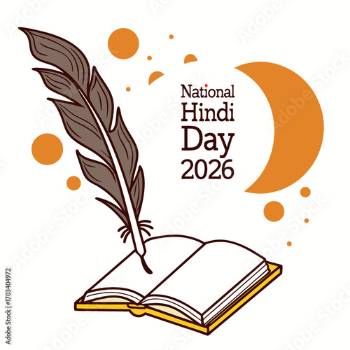 Vector art of illustration for national hindi day 2026 featuring a quill pen, open book, crescent moon, and floating circles, celebrating language, culture, and future