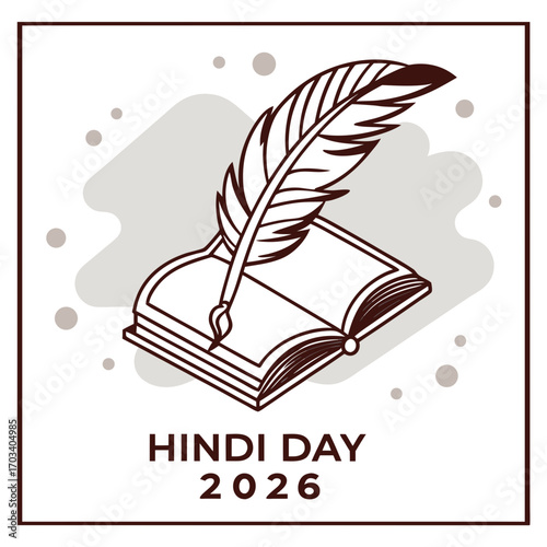 Vector art of minimalist illustration of hindi day 2026 with a quill pen resting on an open book, presented in a monochrome palette with a square frame