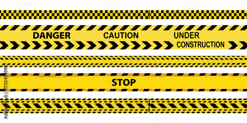 Collection of yellow and black warning tapes with danger caution stop and under construction signs