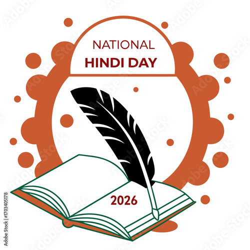 Vector art of vibrant illustration for national hindi day 2026 depicting a quill pen and open book, celebrating hindi literature and writing