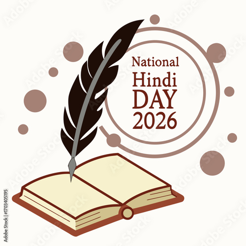 Vector art of illustration for national hindi day 2026 featuring a quill pen resting on an open book, symbolizing the importance of literature and writing in hindi culture