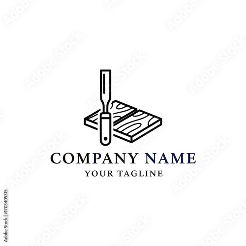 Simple logo design featuring a woodworker's tool, a scraper, and a piece of wood, suitable for a carpentry or woodworking business.