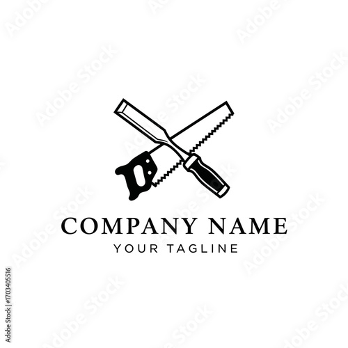 Logo design featuring a crossed saw and chisel, suitable for a woodworking company.
