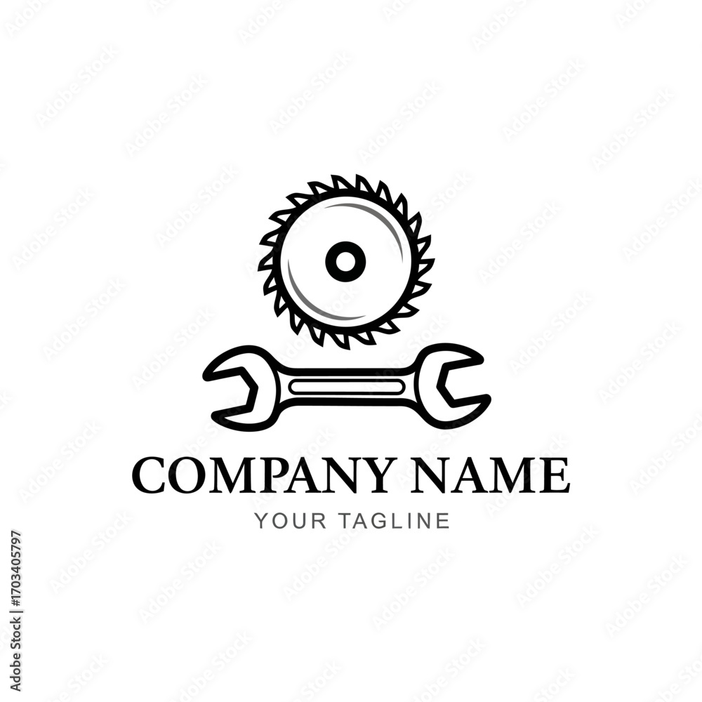 Fototapeta premium A black and white logo design featuring a circular saw blade and a wrench, symbolizing tools, repair, and industry.